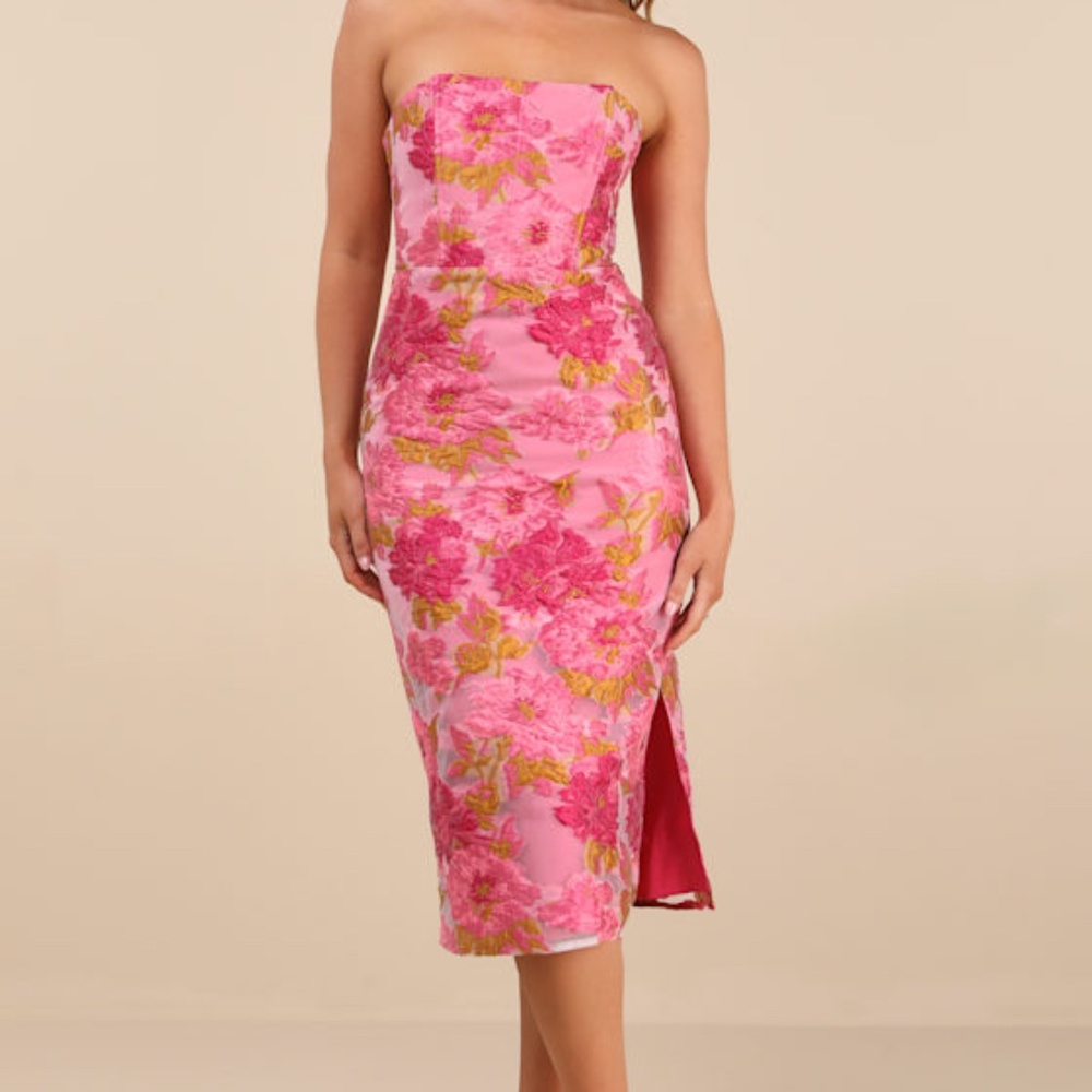 Lulus Upgraded Event Pink Jacquard Strapless Bustier Midi Dress - Size M